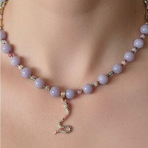 Lavender Beaded Necklace with Gold Snake Charm